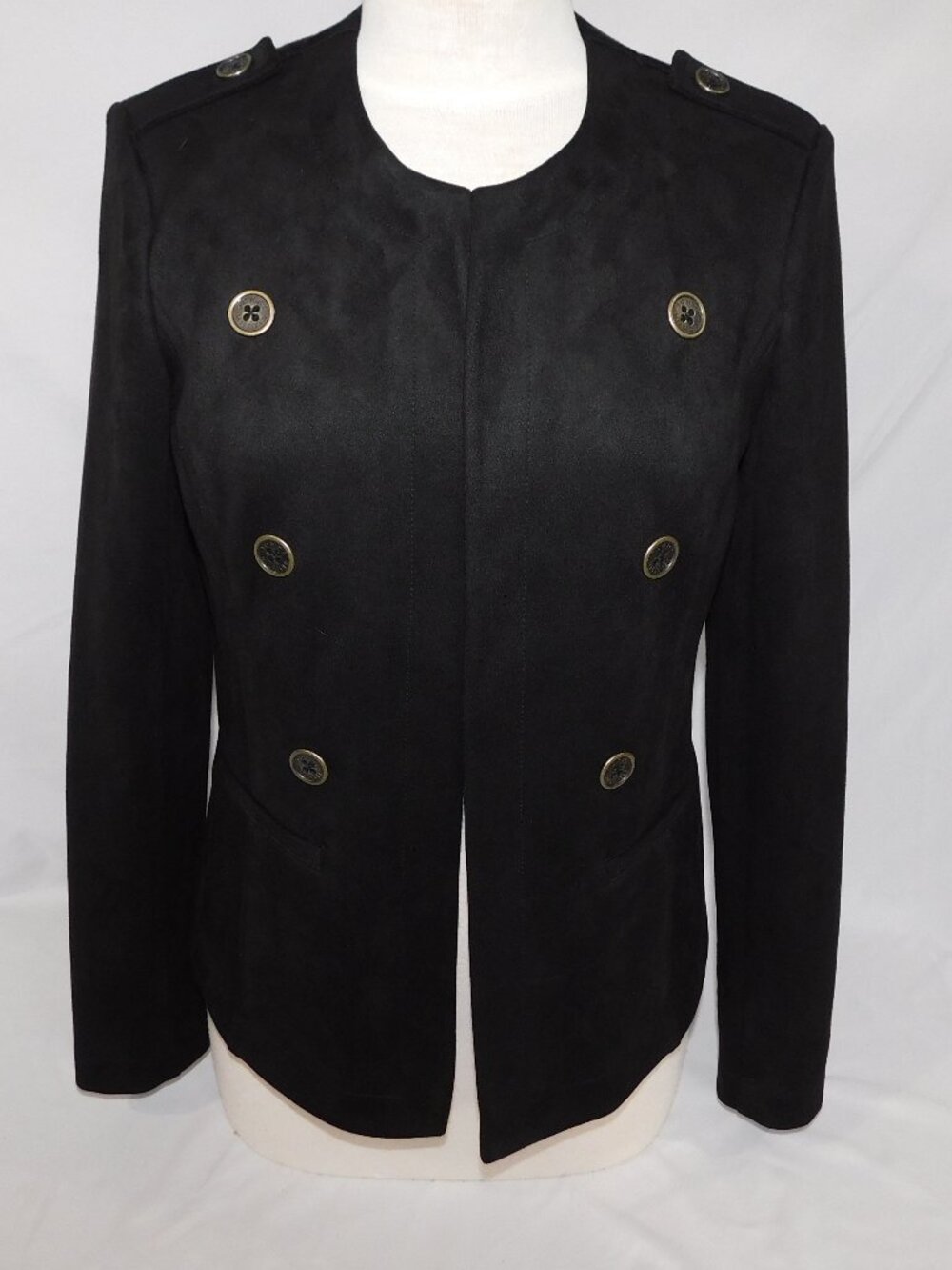 Tommy Hilfiger Black Faux Suede Collarless Open Military Band Jacket Blazer S